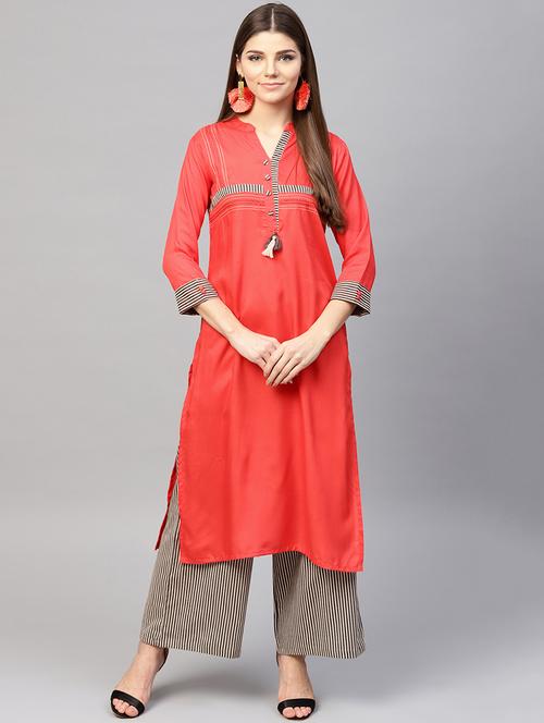 embroidered patch work kurta with stripes palazzo set - 15967585 - Very Small Image - 1