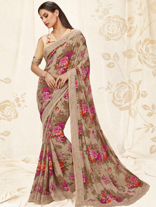floral printed saree with blouse - 15967667 - Very Small Image - 1