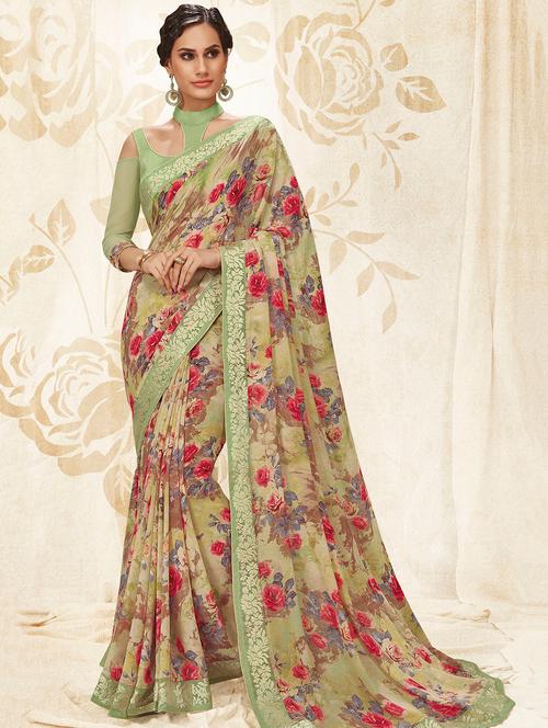 floral printed saree with blouse - 15967668 - Very Small Image - 1