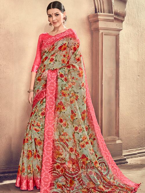 floral printed saree with blouse - 15967701 - Very Small Image - 1