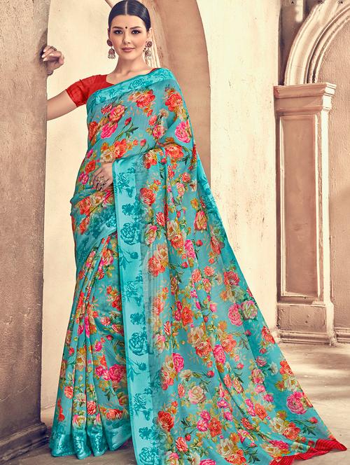 floral printed saree with blouse - 15967705 - Very Small Image - 1