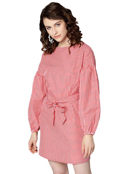 lantern sleeved checkered sheath dress - 15967843 - Very Small Image - 1
