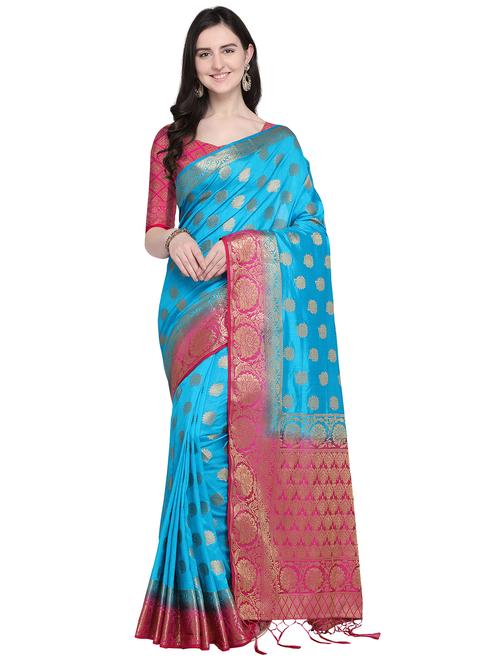 floral zari motif sky blue woven saree with blouse - 15968784 - Very Small Image - 1