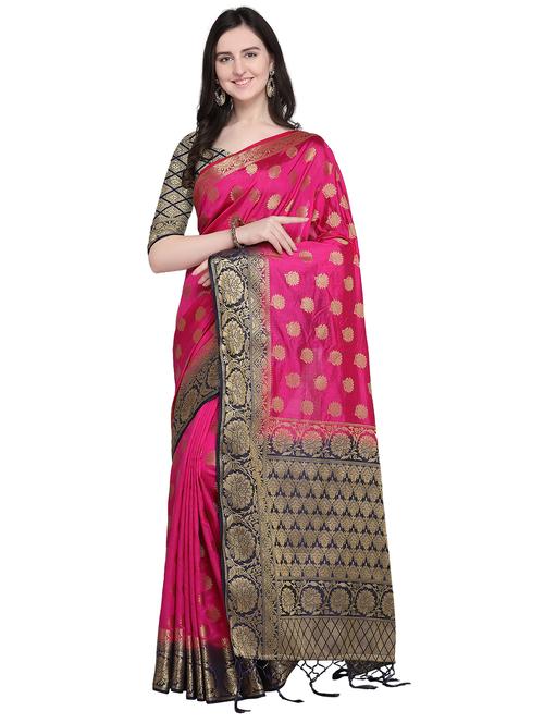 floral zari motif pink woven saree with blouse - 15968785 - Very Small Image - 1