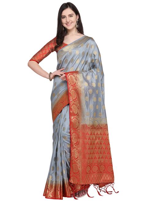floral zari motif grey woven saree with blouse - 15968786 - Very Small Image - 1