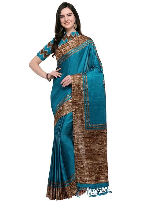 contrast border turquoise printed saree with blouse - 15968791 - Very Small Image - 1