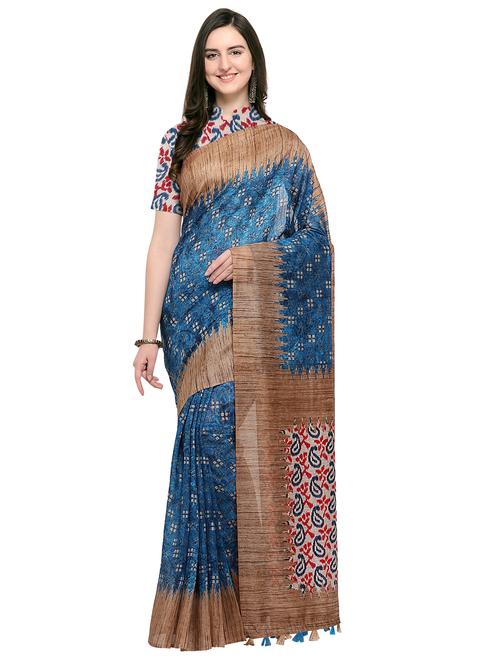 checkered sky blue printed saree with blouse - 15968796 - Very Small Image - 1