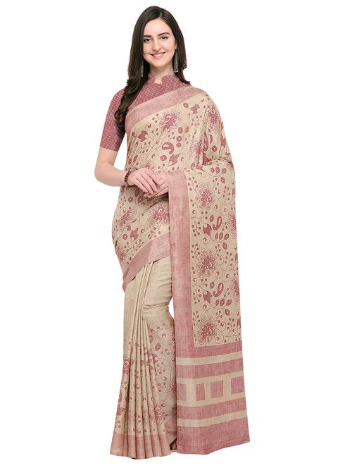 floral beige printed saree with blouse - 15968799 - Very Small Image - 1