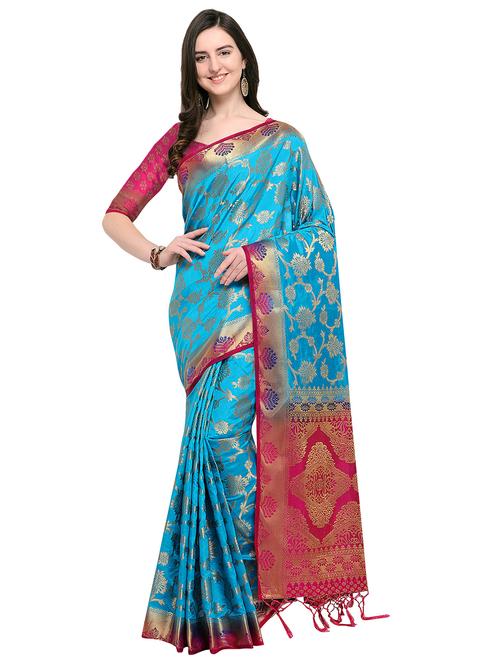 floral zari motif sky blue woven saree with blouse - 15968800 - Very Small Image - 1