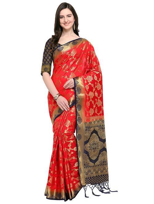 floral zari motif red woven saree with blouse - 15968801 - Very Small Image - 1