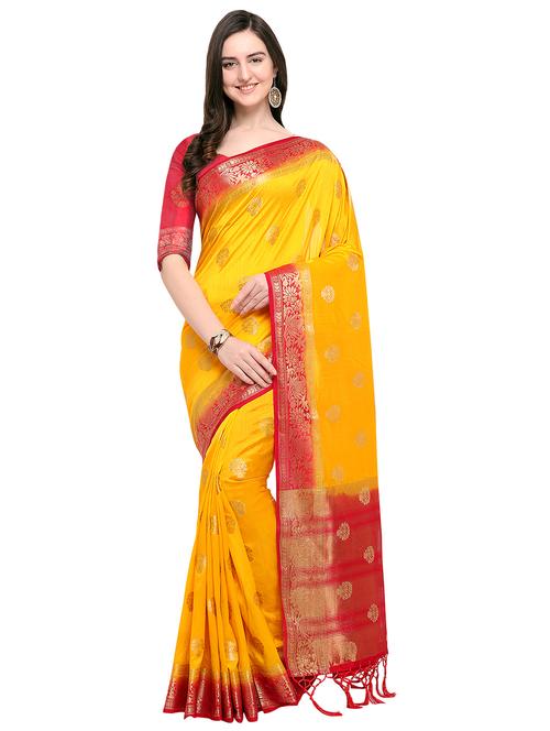 floral zari motif yellow woven saree with blouse - 15968890 - Very Small Image - 1