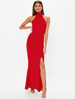 halter neck high slit dress - 15973019 - Very Small Image - 1