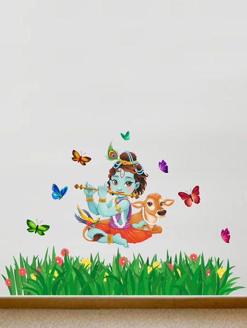 rawpockets ' lord krishna flute singing with cow and butterfly grass decorative ' wall stickers - 15973844 - Very Small Image - 1