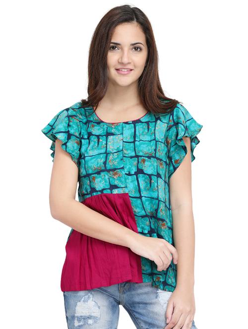 pleated paneled ruffle sleeved top - 15975045 - Very Small Image - 1