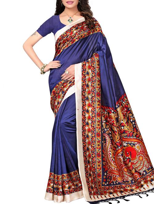 kalamkari border blue mysore silk saree with blouse - 15975729 - Very Small Image - 1