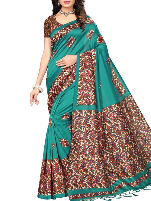 kalamakari turquoise mysore silk saree with blouse - 15975737 - Very Small Image - 1