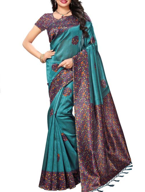 kalamkari turquoise mysore silk saree with blouse - 15975773 - Very Small Image - 1