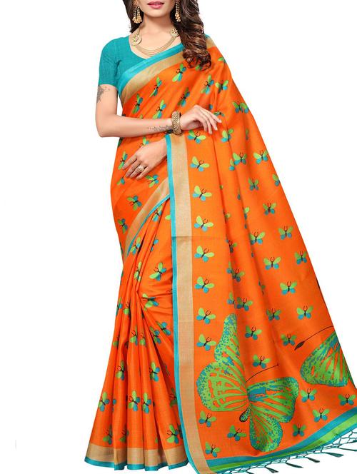 conversational orange printed saree with blouse - 15975783 - Very Small Image - 1