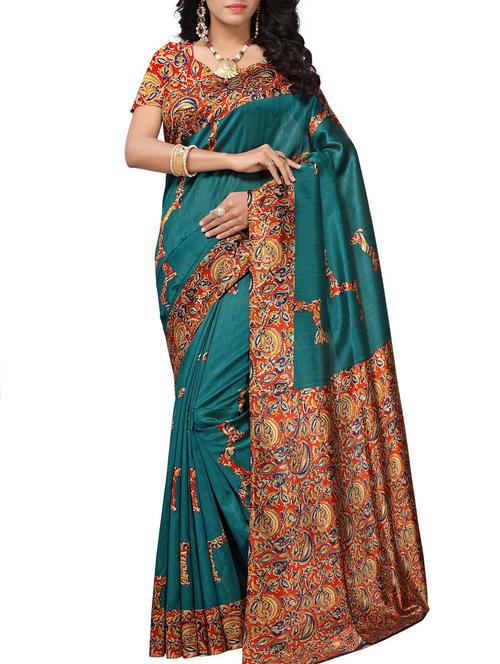 kalamakari turquoise printed saree with blouse - 15975788 - Very Small Image - 1