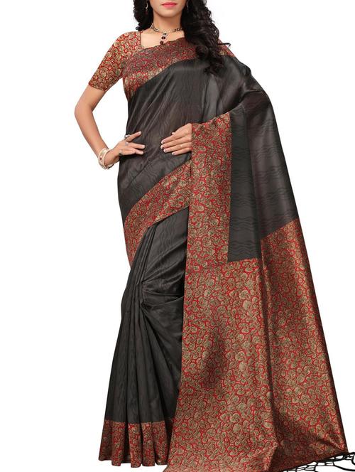 kalamkari border black mysore silk saree with blouse - 15975805 - Very Small Image - 1