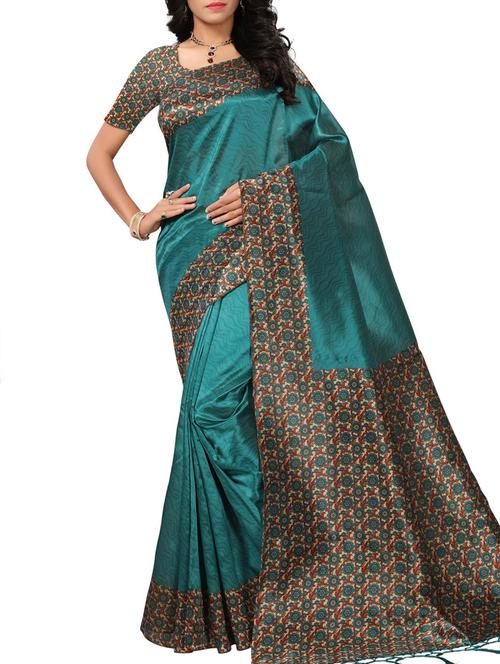 kalamkari border turquoise mysore silk saree with blouse - 15975807 - Very Small Image - 1