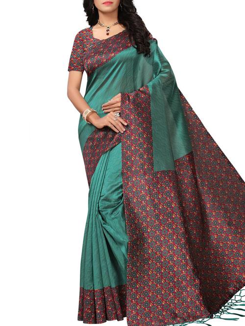 kalamkari border turquoise mysore silk saree with blouse - 15975808 - Very Small Image - 1