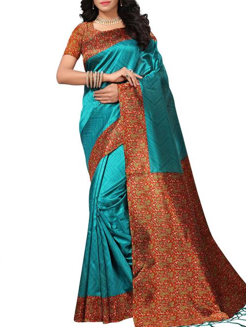 kalamkari border turquoise mysore silk saree with blouse - 15975810 - Very Small Image - 1