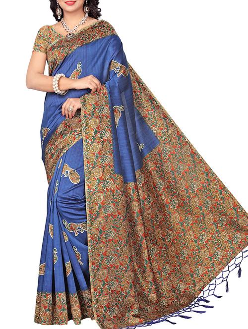 kalamkari blue mysore silk saree with blouse - 15975875 - Very Small Image - 1