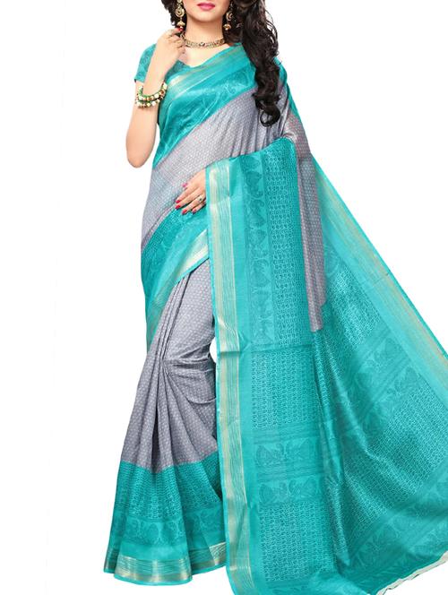 contrast border grey printed saree with blouse - 15976127 - Very Small Image - 1