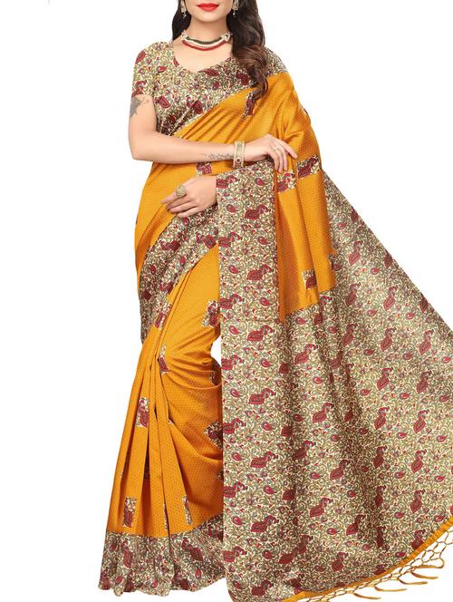 kalamkari mustard mysore silk saree with blouse - 15976157 - Very Small Image - 1