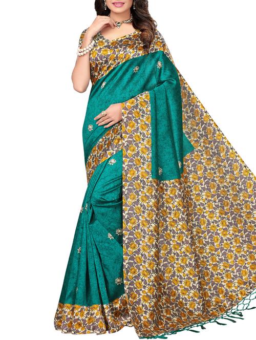 floral turquoise mysore silk saree with blouse - 15976202 - Very Small Image - 1
