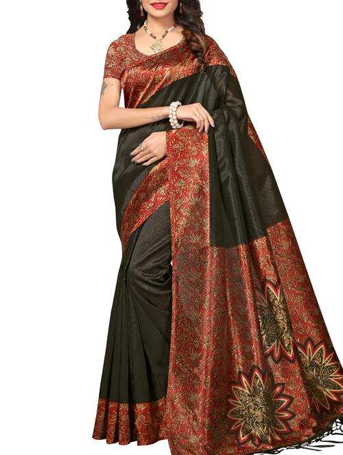kalamkari border black mysore silk saree with blouse - 15976216 - Very Small Image - 1