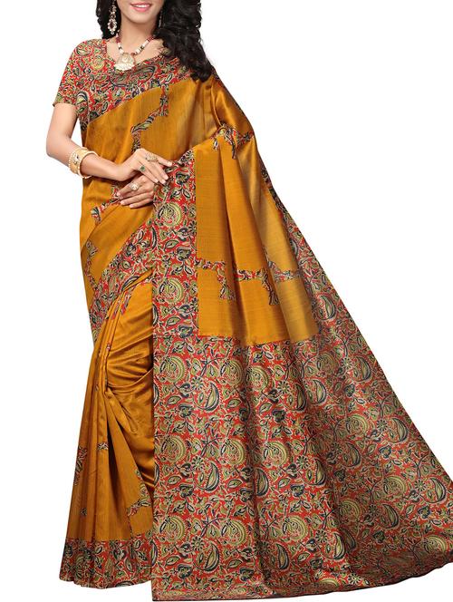 kalamkari mustard printed saree with blouse - 15976280 - Very Small Image - 1
