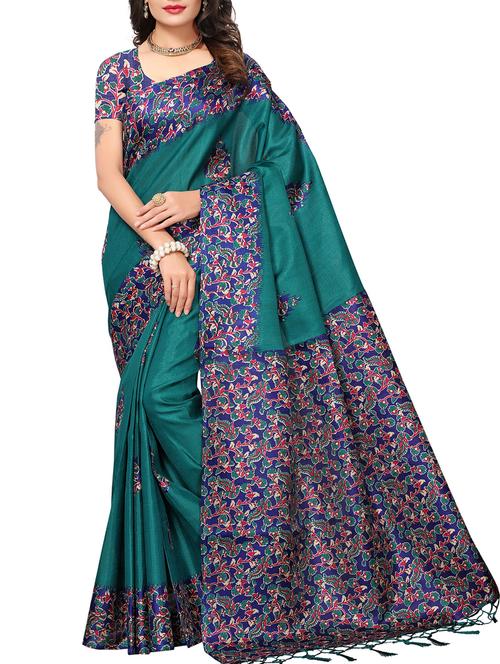 kalamkari turquoise printed saree with blouse - 15976289 - Very Small Image - 1