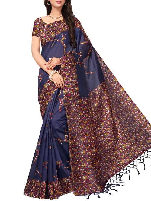 kalamkari navy blue printed saree with blouse - 15976292 - Very Small Image - 1