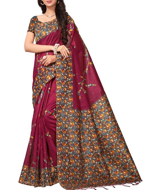 kalamkari magenta printed saree with blouse - 15976293 - Very Small Image - 1