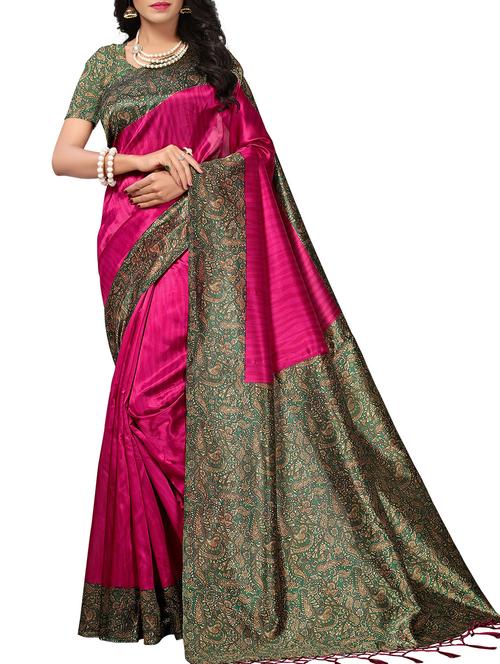 kalamkari border magenta printed saree with blouse - 15976295 - Very Small Image - 1