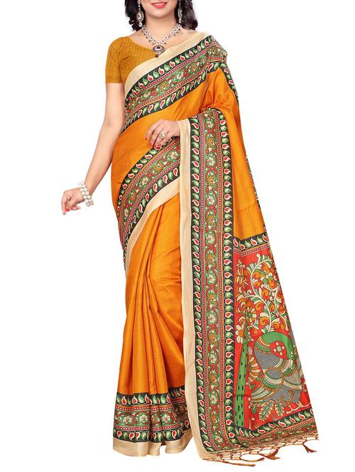 kalamkari border mustard printed saree with blouse - 15976333 - Very Small Image - 1