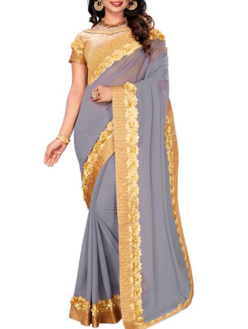 floral lace border grey saree with blouse - 15978715 - Very Small Image - 1