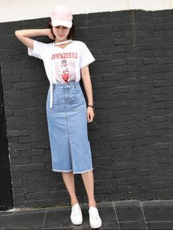 slit front denim pencil skirt - 15979353 - Very Small Image - 1