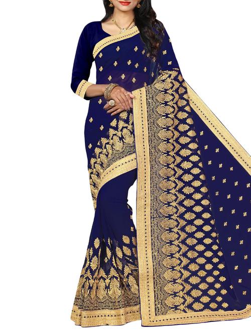 zari embroidered navy blue saree - 15979587 - Very Small Image - 1