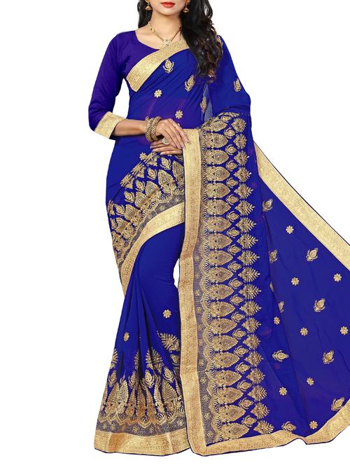 floral zari embroidered navy blue saree - 15979588 - Very Small Image - 1