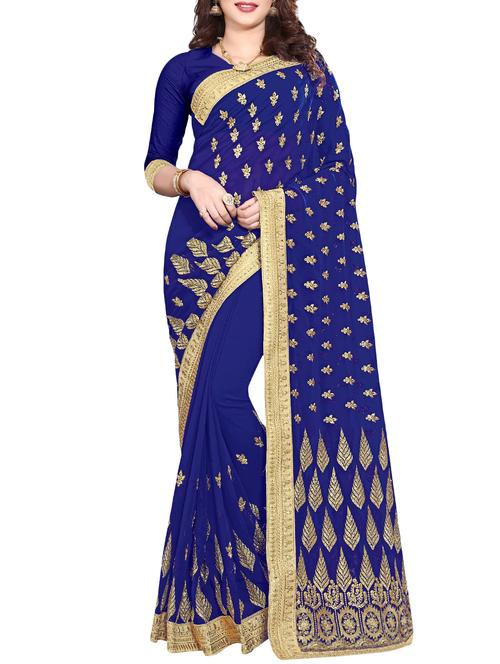 zari embroidered navy blue saree - 15979591 - Very Small Image - 1