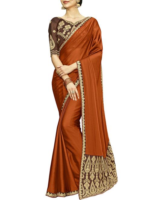 embroidered border brown chanderi saree with blouse - 15979594 - Very Small Image - 1