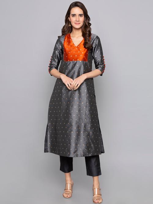 dobby silk blend a-line kurta - 15983325 - Very Small Image - 1