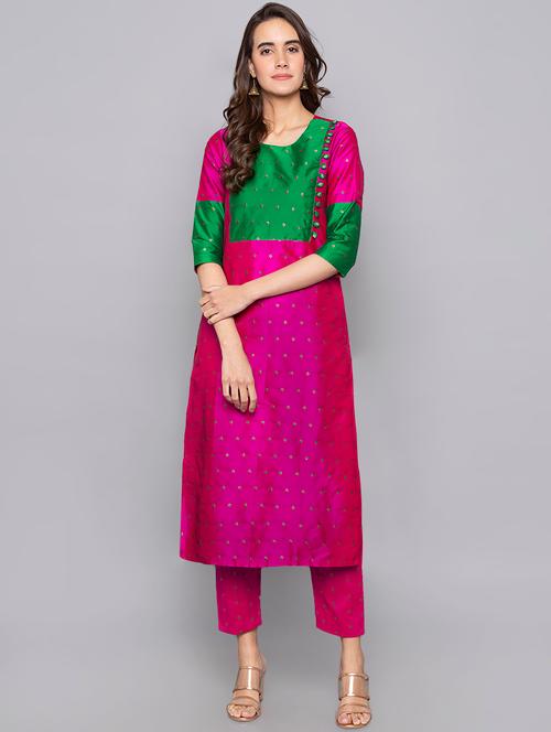 fuchsia silk blend straight kurta - 15983327 - Very Small Image - 1