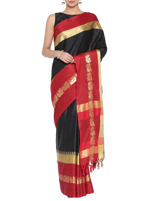 contrast zari border black handloom saree with blouse - 15983475 - Very Small Image - 1