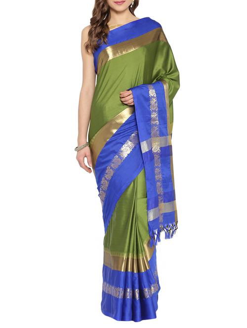 contrast zari border green handloom saree with blouse - 15983477 - Very Small Image - 1