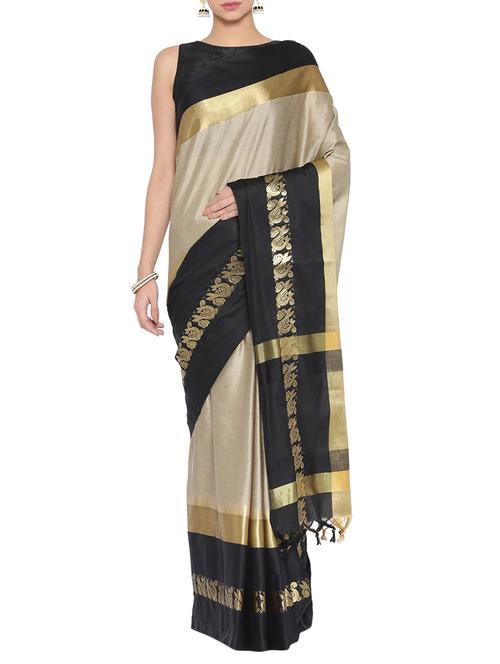contrast zari border beige handloom saree with blouse - 15983479 - Very Small Image - 1
