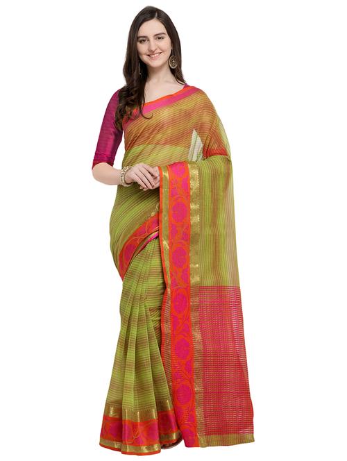 striped zari motifs green banarasi saree with blouse - 15984939 - Very Small Image - 1